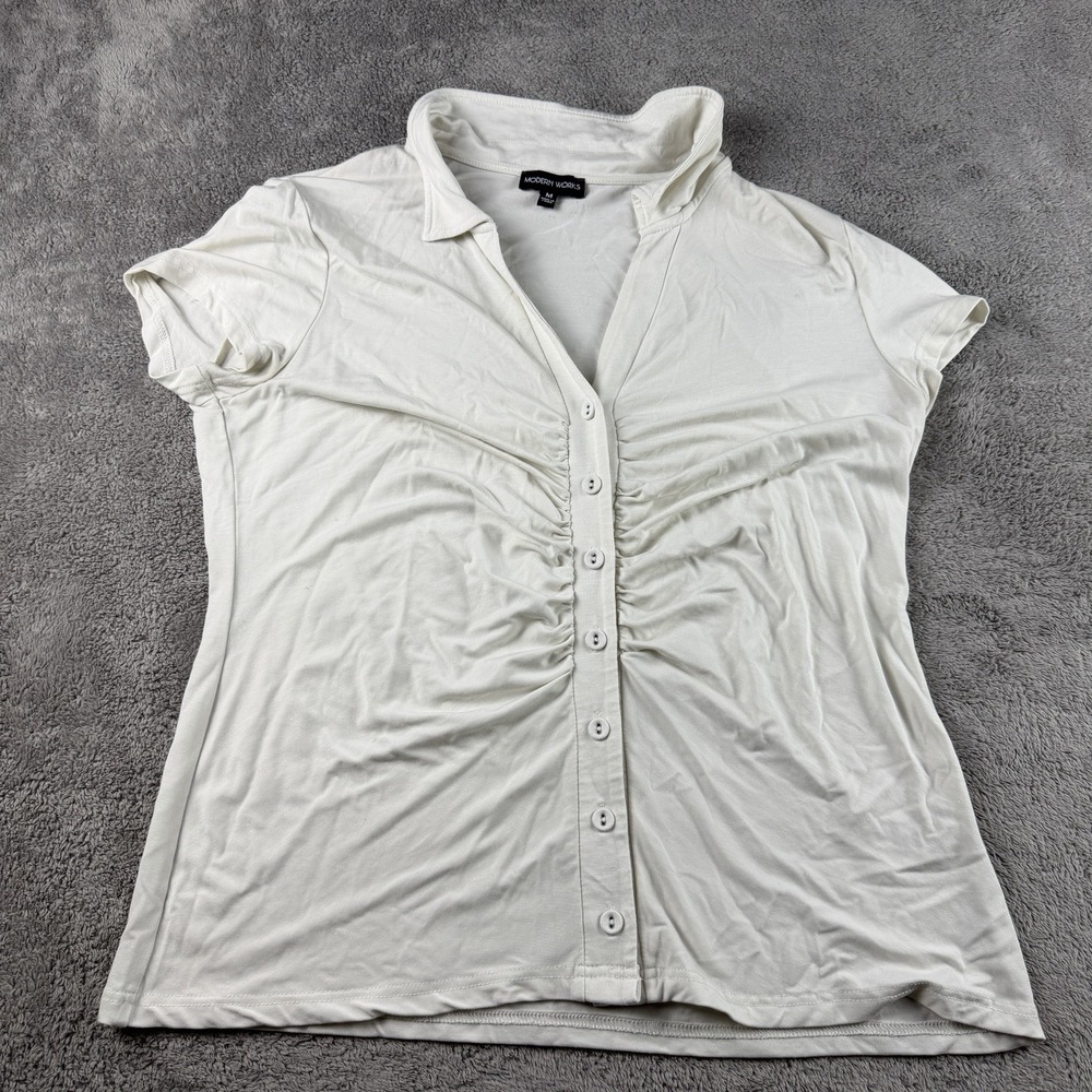MODERN WORKS Ruched Fitted Short Sleeve Button Up Shirt Womens Medium White - Picture 1 of 13